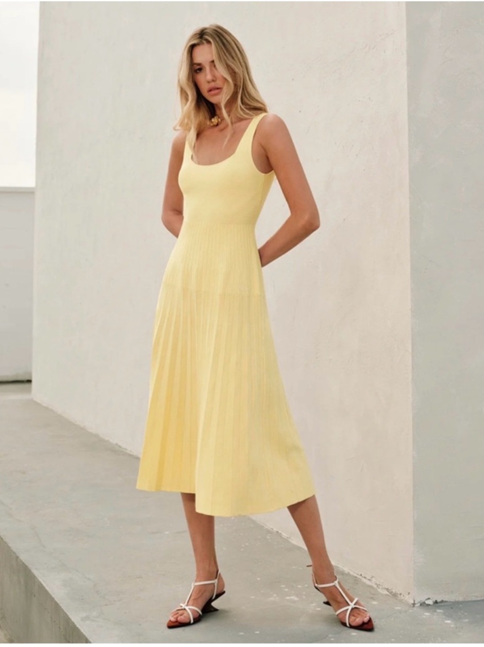 Commence Yellow Scoop Neck Pleated Midi Dress